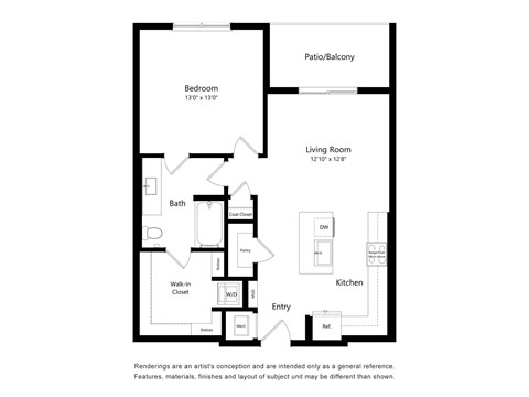 A floor plan of a small apartment with a bedroom, living room, kitchen, and bathroom.